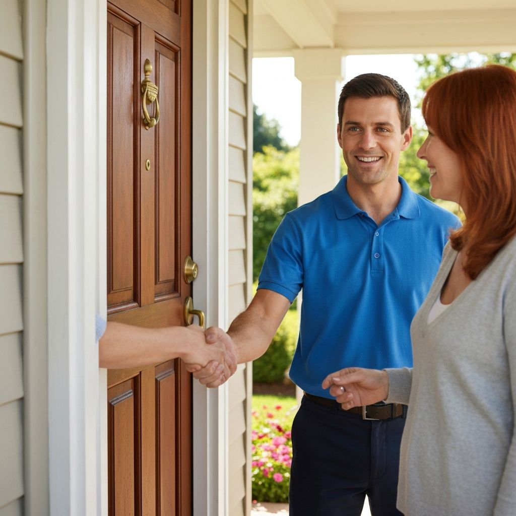 Professional handyman greeting a homeowner at their door